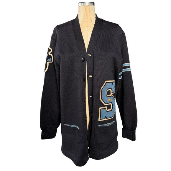 COPY- Vintage Whiting 1960's Men's Wool Navy Letterman Cardigan Sweater Size L - Picture 1 of 13